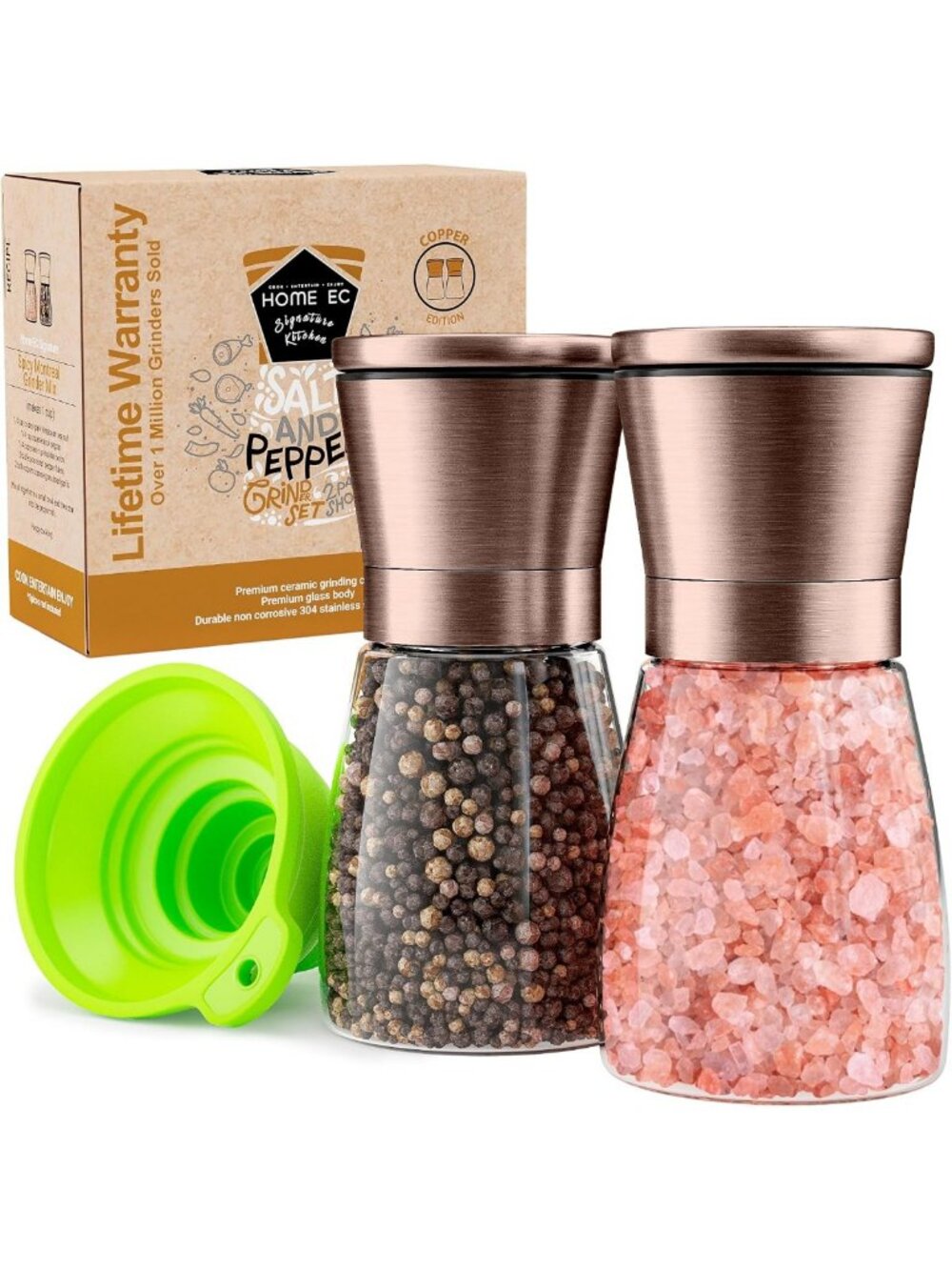 Adjustable Copper Salt and Pepper Grinder Set - Ceramic Mill with Funnel & Ebook